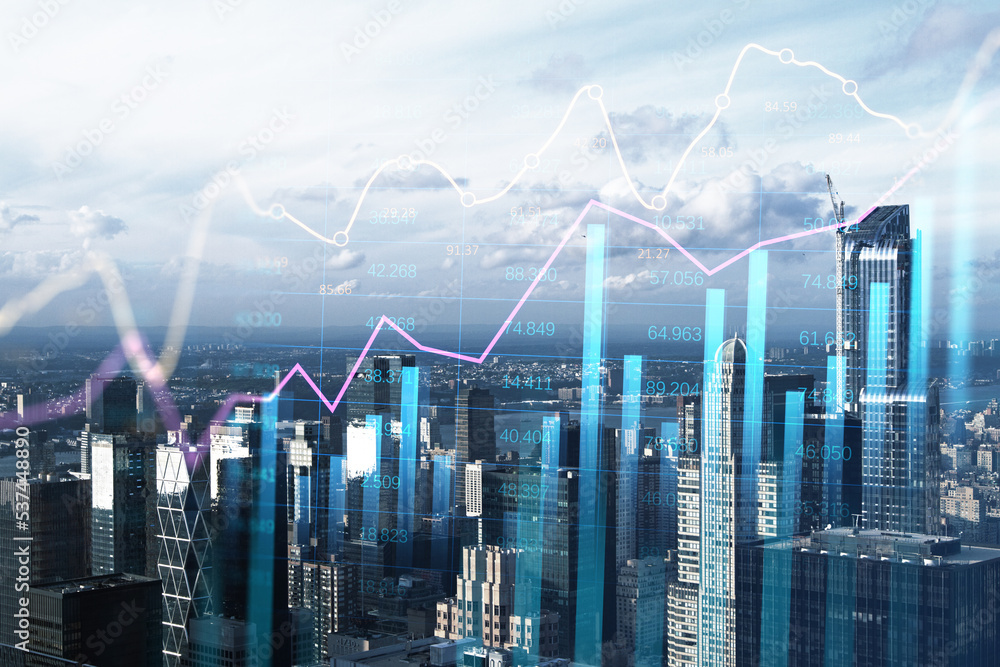 Poster growth property price and business development concept with digital graphic financial chart graphs a