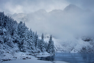 Winter landscape in mountains Tatras, Poland.  Foggy morning near lake in mountains. Woodland snow covered on hillside of mountains Tatras.