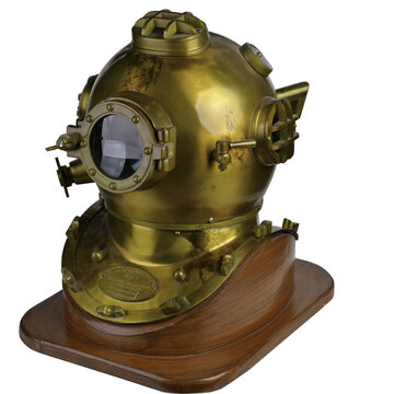 Old deep sea diving metal helmet isolated transparent background