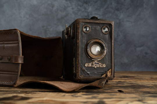 Vintage small box camera. Classic Rollbox, old fashioned retro style photographic equipment on August 9, 2022 in Miekinia, Poland.
