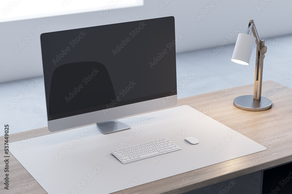 Poster Close up of wooden office desk top with empty computer monitor and rfeflections, lamp and keyboard on blurry background. 3D Rendering.