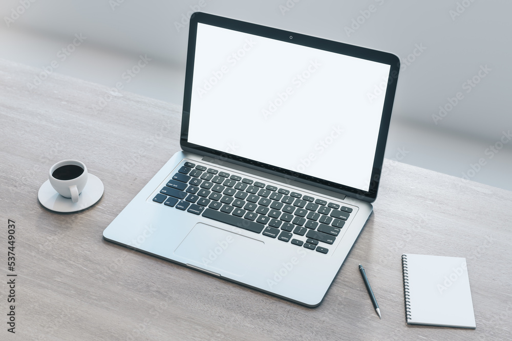 Poster close up of empty white laptop on wooden desktop with coffee cup, notepad, pen, mock up place on scr