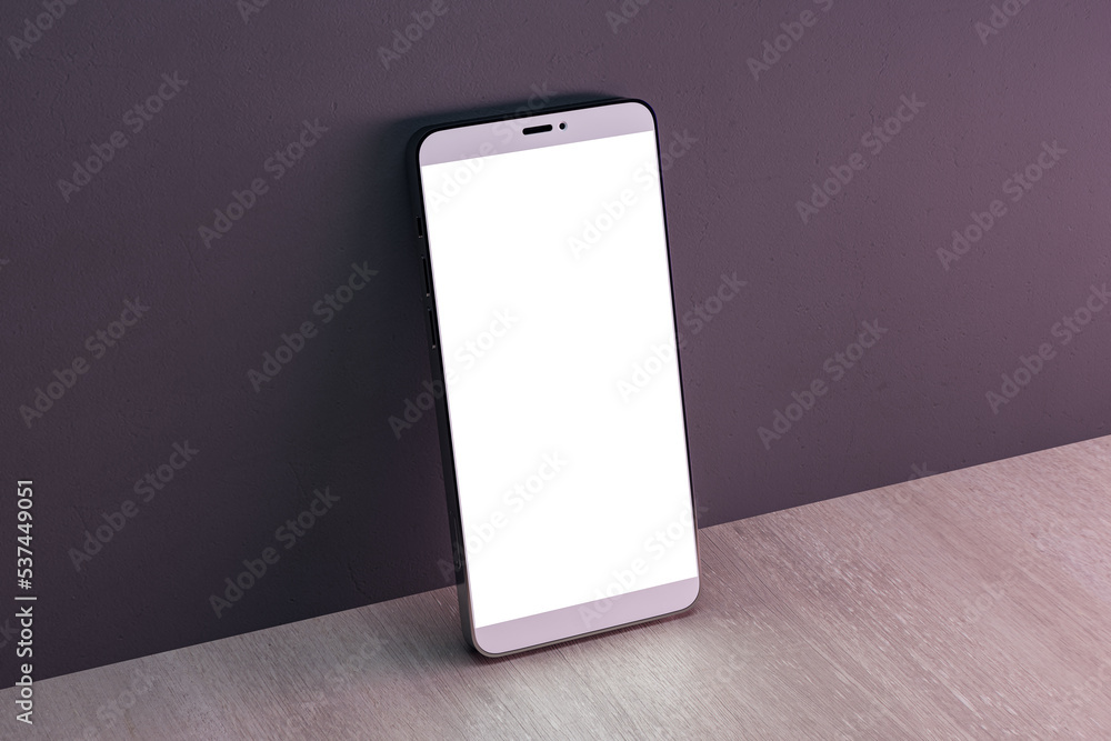 Poster Close up of empty white cellphone on dark wall and wooden surface background. Mobile app concept. 3D Rendering.