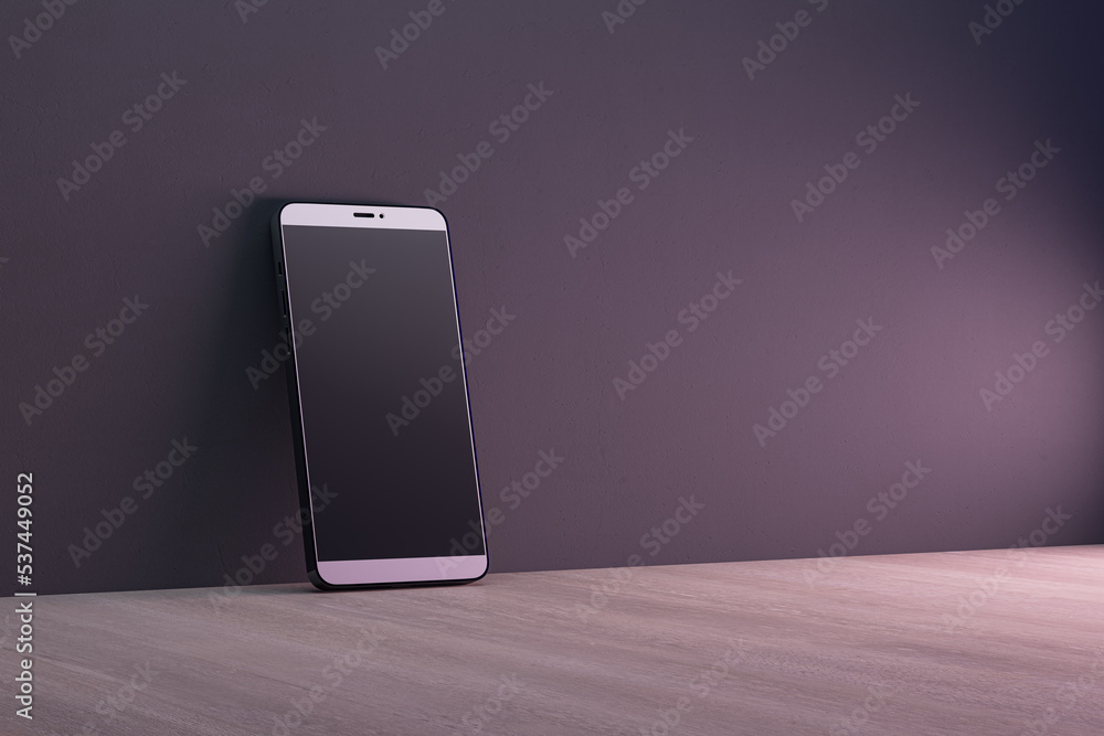 Poster Close up of empty black cellphone on dark wall and wooden surface background. Mobile app concept. 3D Rendering.