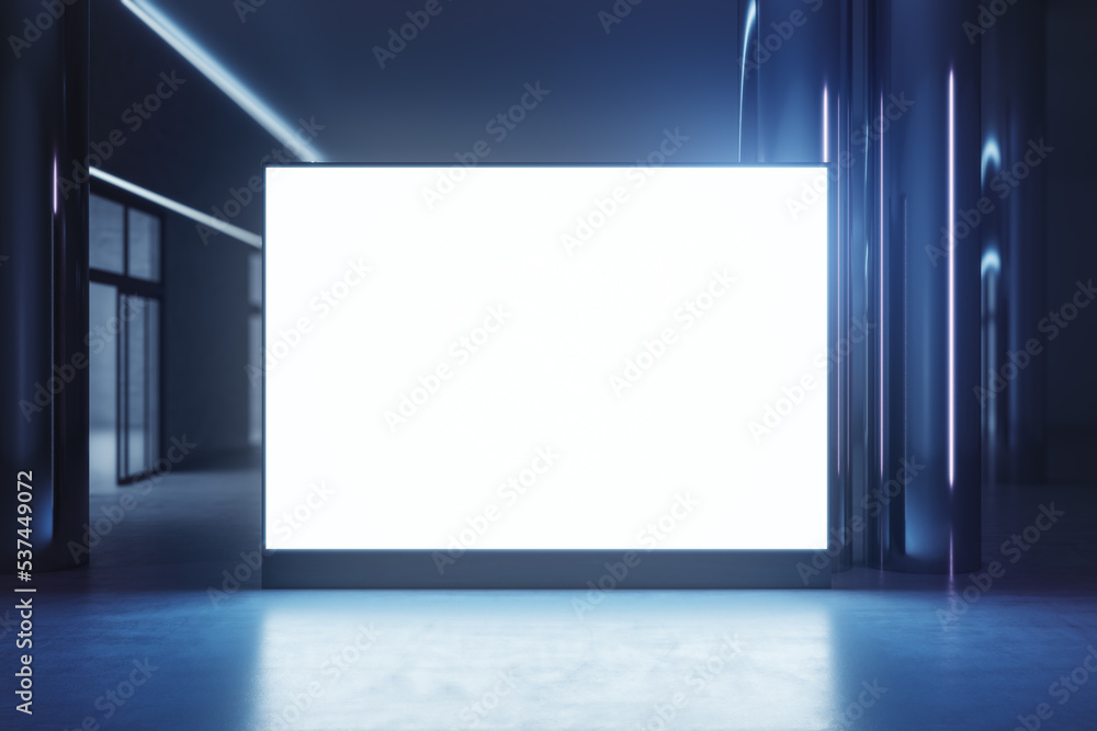Aufkleber Front view on blank white illuminated screen with space for your logo or text on glossy floor with reflection on dark empty room background. 3D rendering, mockup