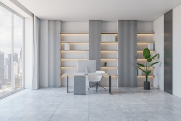 Modern white concrete and wooden stylish designer office interior with panoramic city view, furniture, computer monitor, bookcase shelves. 3D Rendering.