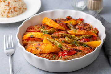 Traditional Homemade Turkish Food Kofte - Kofta with Tomato Sauce and Potatoes. (Turkish name; Izmir kofte)