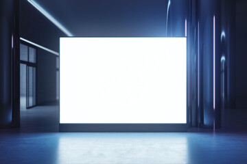 Front view on blank white illuminated screen with space for your logo or text on glossy floor with reflection on dark empty room background. 3D rendering, mockup