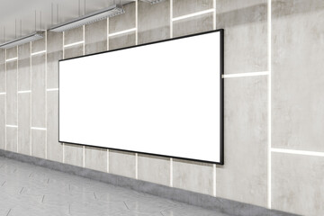 Perspective view on blank white poster with place for your logo or text on concrete plates wall in empty industrial style tunnel. 3D rendering, mockup