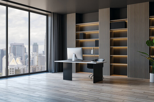 Contemporary concrete and wooden stylish designer office interior with panoramic city view, furniture, computer monitor, bookcase shelves. 3D Rendering.