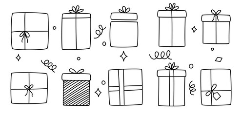 Gift boxes Vector, svg presents. Set of 10 presents and stars.  Minimalistic line art drawing. Hand drawn outline vector illustration. Doodle sketch style. New Years, christmas, birthday.
