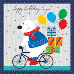 Obraz na płótnie Canvas birthday party invitation with teddy bear, bike, gifts and balloons