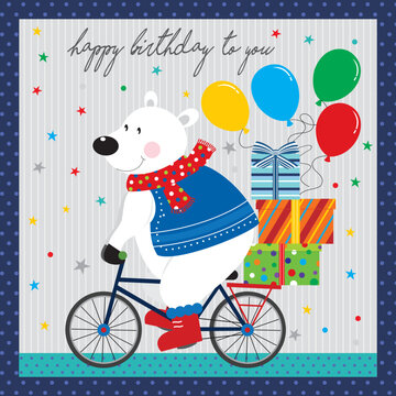 birthday party invitation with teddy bear, bike, gifts and balloons