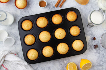 Freshly baked muffins in a baking dish. Part 6/9