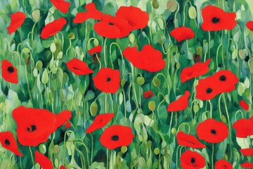 Painting of Poppy Flowers with Green Leaves
