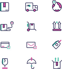 Simple Set of Moving Service Related Logistics Icons or Vector Lines. Contains Icons like Office Move, Vehicle Cargo Statistics on white background