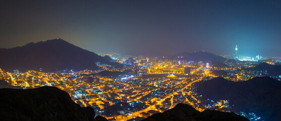 A view of Mecca City,Masjidlharam during the dawn fajr from the Mount of light 