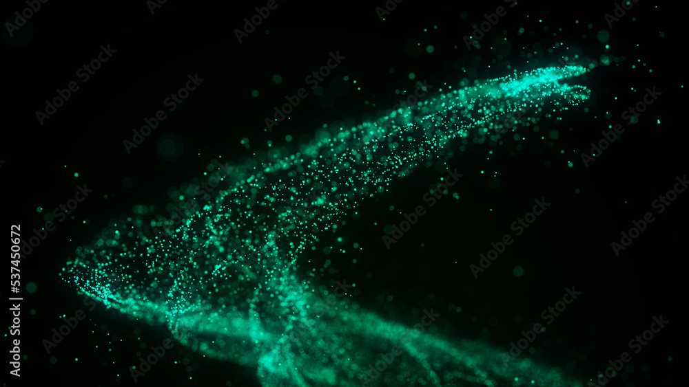 Poster Futuristic particle swirl. Dynamic flow of abstract dust in cyberspace. Explosion of scientific data. 3D rendering.