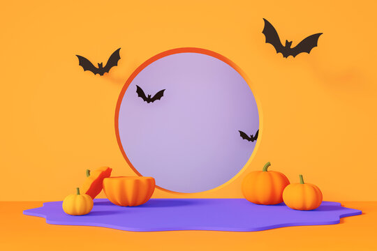 3D rendering purple product display  with pumpkins and flying bats on orange background. Happy Halloween theme.