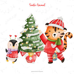 Cute Tiger and Penguin in Santa costume, Watercolor Christmas season illustration..