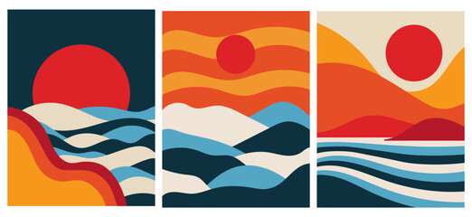 Obraz premium A set of three identical panoramic posters. Backgrounds for interior design, social media, marketing, advertising, covers. Vintage illustrations in boho style with sea, sun, waves.