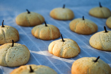 Funny food for halloween. Homemade cookies in shape of pumpkin                               