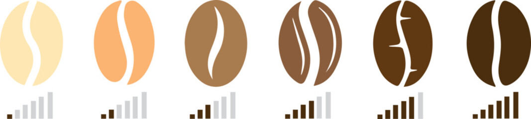 Coffee roasting guide. Realistic coffee beans in various roasting stages on white plates vector illustration. Caffeine drink roasted, coffee bean natural