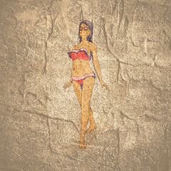 Illustration of a beautiful fashion model posing in a stylish swimsuit. Young attractive woman in bikini. Sketch style outline