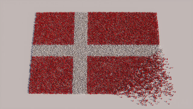 A Crowd of People congregating to form the Flag of Denmark. Danish Banner on White.