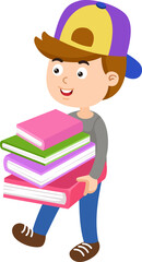 Young boy walking and carrying a tall and heavy stack of school books