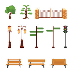 Fototapeta premium Set of flat icons of road elements and outdoor elements for landscape construction. Vector illustration on white background