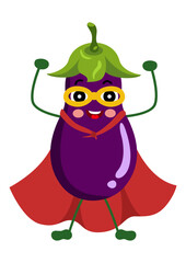 Funny eggplant mascot in traditional costume of superhero

