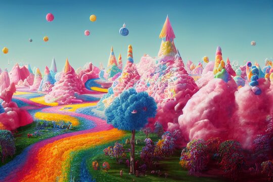 Candyland landscape, candies as trees, floating in the air, rainbow colors, wonderland. Painting, concept art, illustration, wallpaper