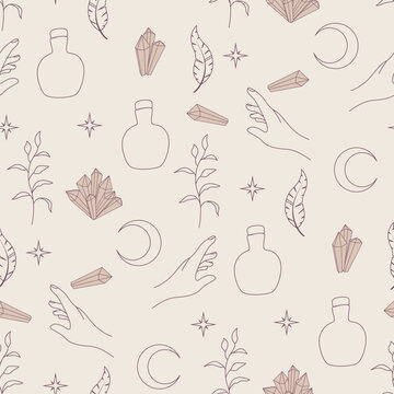 seamless pattern with line art magic elements 