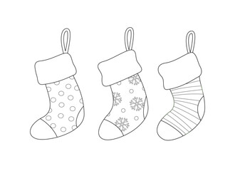 Set of Christmas stokings coloring book. Black and white Christmas socks. Vector