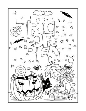 Halloween "Trick or treat!" greeting dot-to-dot picture puzzle and coloring page, poster, sign or banner black and white activity sheet 
