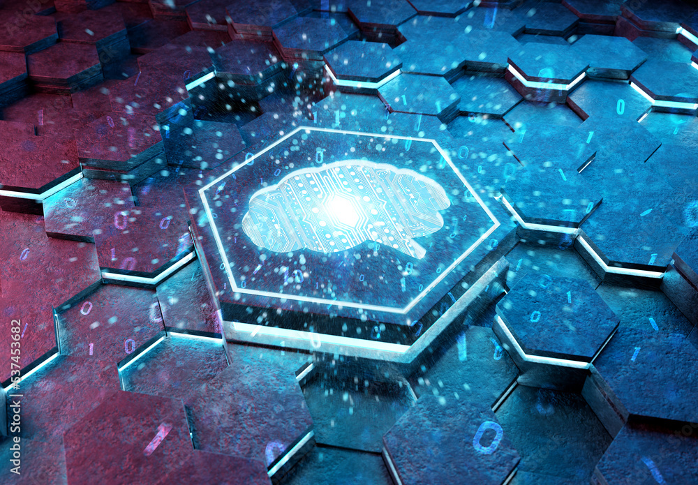 Poster brain icon concept engraved on metal hexagonal pedestral background. artificial intelligence symbol 