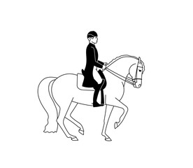 Black and white vector image of a rider on a horse, classic dressage