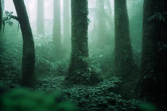 A forest with mist and fog, autumn, fall atmosphere, trees with large trunks and nature growing on the ground, dark atmosphere. Photo realistic, concept art, background, illustration