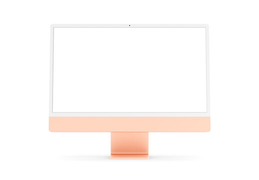 PARIS - France - April 28, 2022: Newly released Apple Imac 24 inch desktop computer, orange color, front view- 3d realistic rendering 4.5K Retina display screen mockup on white