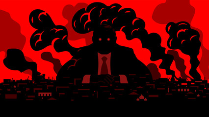 Furious giant unrecognizable person under small city. Tyrant with flaming eyes. Burning ruins of destroyed after war buildings in city. Concept of attack, invasion, Intervention. Vector illustration © Atlas Illustrations