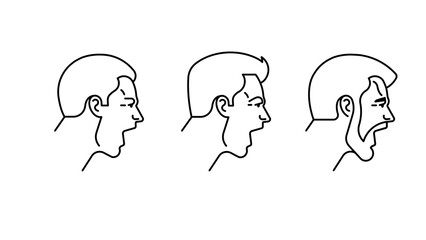 Screaming man icon set. Angry, furious persons yelling. Line icon of male faces, profile view, heads emotional expression. Outline illustration for design, label, infographic.