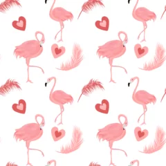 Foto auf Acrylglas Flamingo Seamless pattern with pink hearts, feathers and flamingos. Design for fabric etc