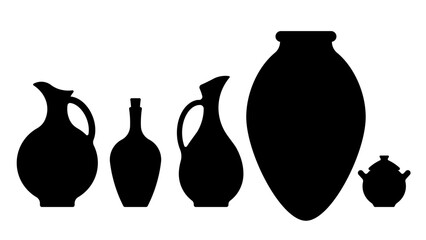 Georgian pottery black silhouette. Old ceramic vase, jar, wine amphora qvevri. Traditional georgian clay pots, jugs and Kvevri vessel. Isolated vector.  - obrazy, fototapety, plakaty