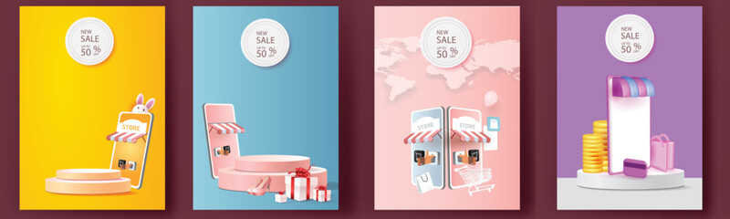 online shopping on phone buy sell business digital  web banner application money advertising payment ecommerce vector illustration search