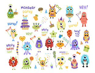 Monster Birthday Party. Big set monsters with holiday