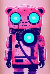 Watercolor cyberpunk teddy bear in grunge pink and neon blue colors - post-apocalyptic cool artificial intelligence toy fusion. Dystopia future belongs to robotic androids.  