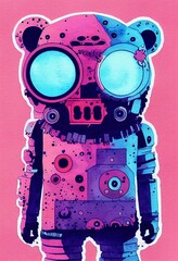 Watercolor cyberpunk teddy bear in grunge pink and neon blue colors - post-apocalyptic cool artificial intelligence toy fusion. Dystopia future belongs to robotic androids.  