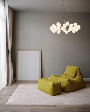 3d rendering of mock up interior design with yellow armchair