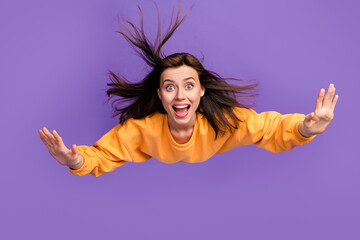 Close up photo of crazy positive lady having fun joy can fly good mood wear orange stylish sweater...